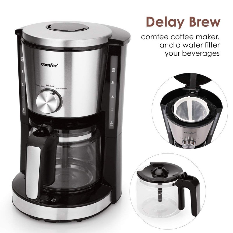 Comfee Coffee Maker, Espresso Machine, Coffee Machine, Coffee Percolators Electric, 3 Coffee Servers(Classic Brew, Rich Brew, Pre-infusion), 1000W, 1.25L Glass Carafe 